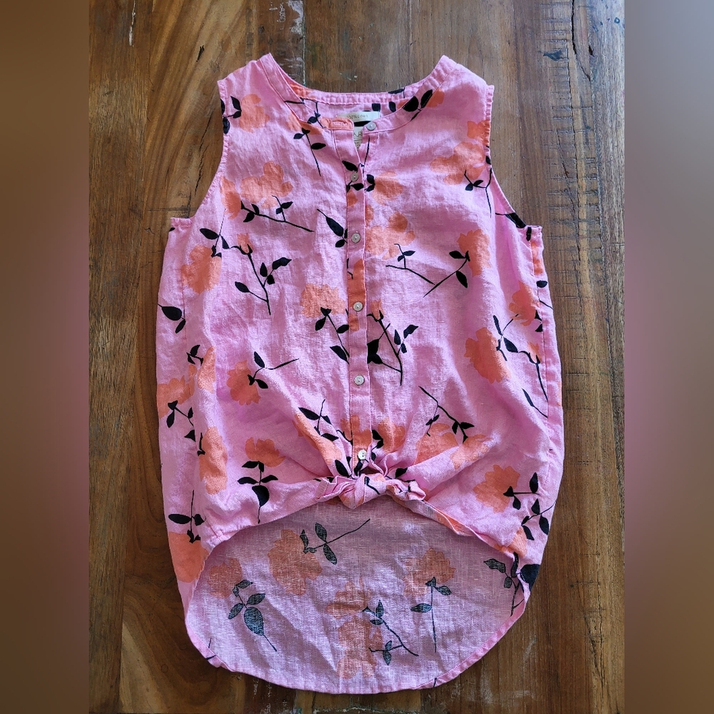 Cynthia Rowley Women XS Pink Linen Sleeveless Tie Front Tank Top Summer Floral